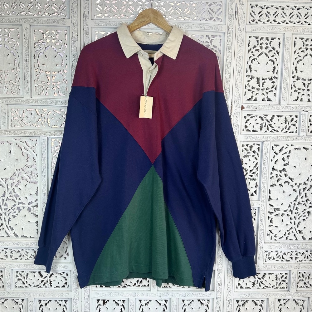 NWT VTG St Johns Bay Mens Diamond Pattern Argyle Retro Long Sleeve Rugby‎ Polo